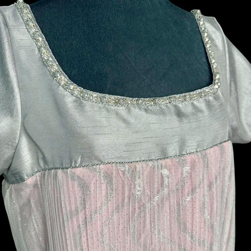 Beaded square neck mini silver & pink pleated babydoll shift dress 12/14 NWT
